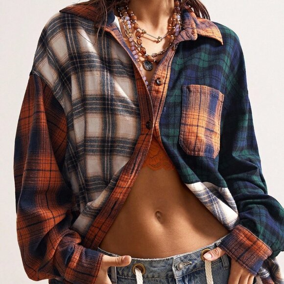 Multicolor Boho Women's Patchwork Long Sleeve Button-Up Plaid Blouse - Picture 3 of 7